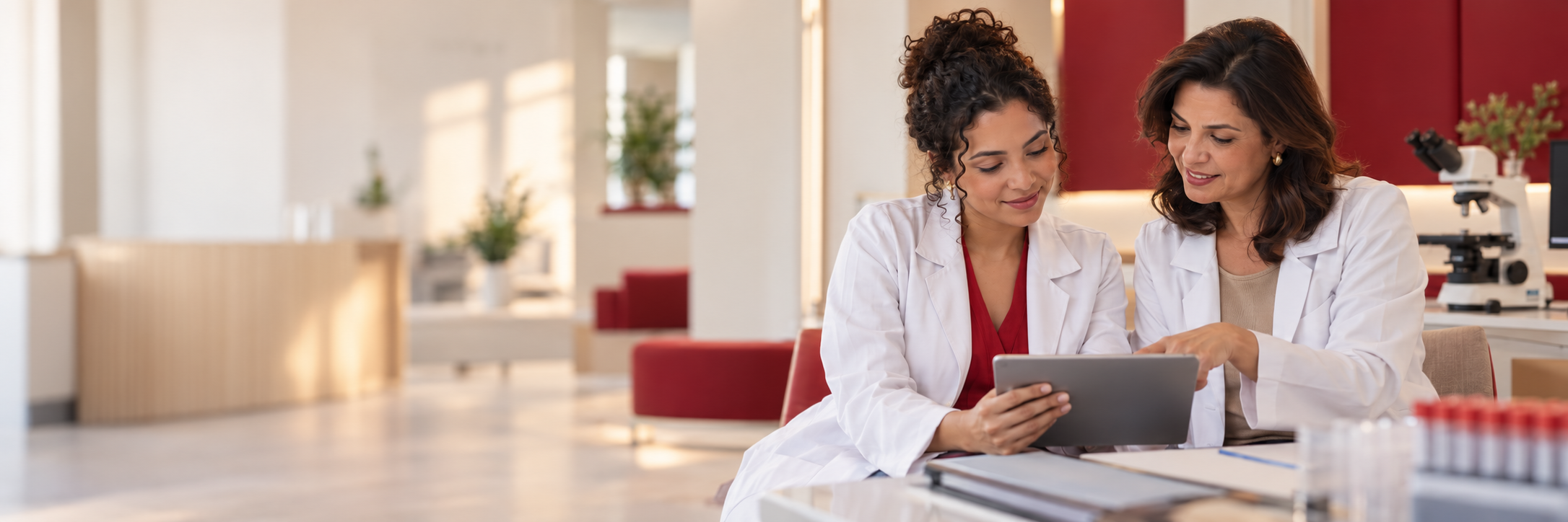 Duas médicas utilizando um tablet e apontando para ele.