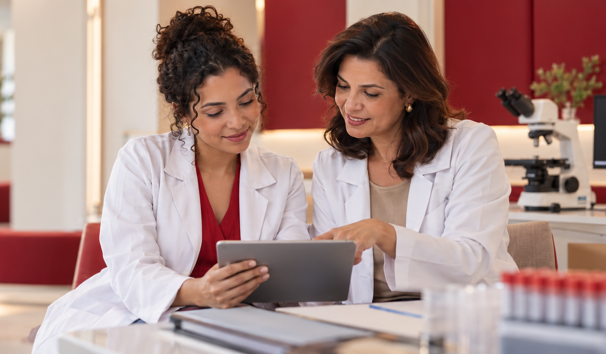 Duas médicas utilizando um tablet e apontando para ele.