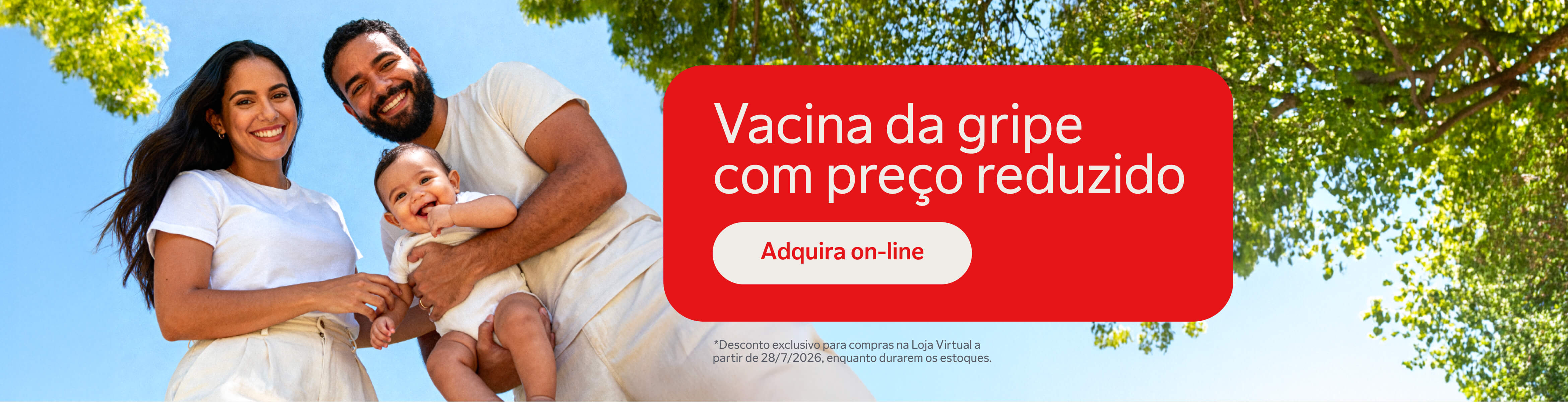 Banner promocional do Sabin com uma família sorridente ao ar livre. Texto: "Vacina da gripe com preço reduzido. Adquira on-line". Desconto exclusivo para compras na Loja Virtual a partir de 28/07/2026, enquanto durarem os estoques.